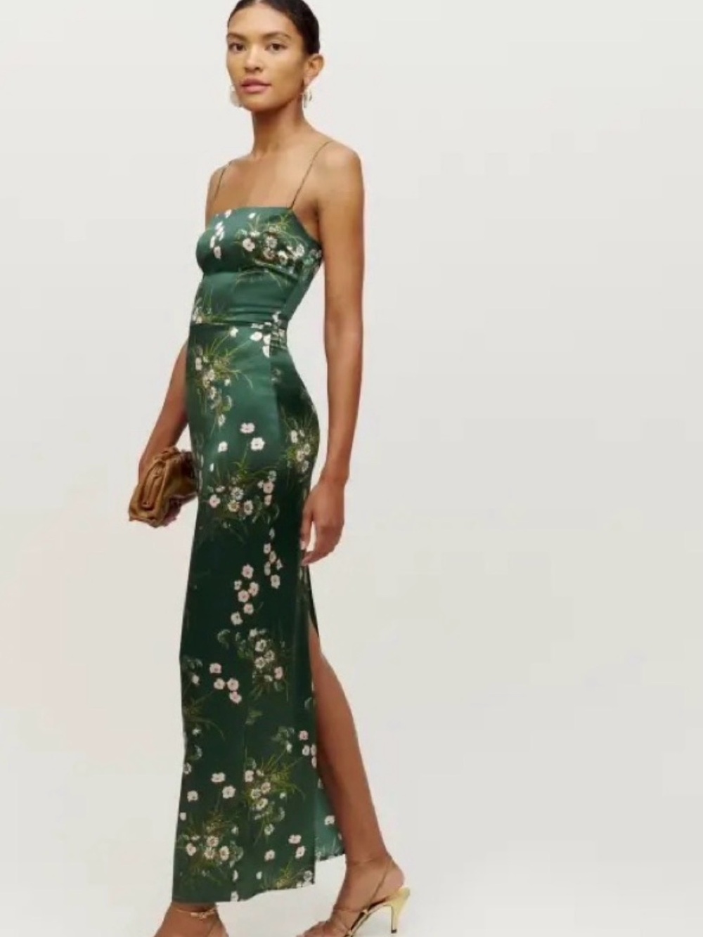 Reformation Green Floral Satin Slip Maxi Dress